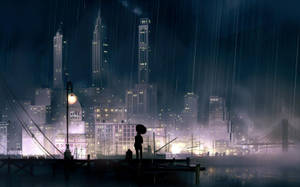 夜晚雨中的城市碼頭上，一個人撐著傘的剪影。 — 城市 壁紙