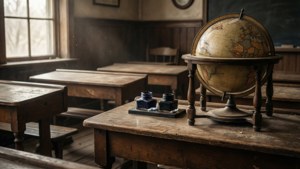 復古教室，在柔和窗光下，有地球儀、墨水瓶和木製書桌。 — 學校 壁紙