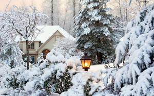 冬季夜晚雪覆蓋的小屋與發光的燈籠