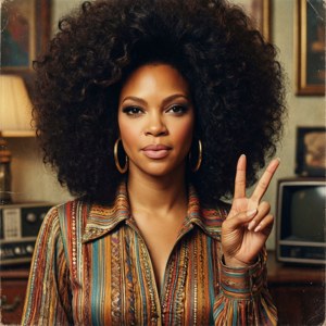 爆炸頭髮型的女性在復古客廳中做出和平手勢。 — Beyoncé 壁紙