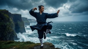 身穿深色長袍的武術家在暴風雨的海景中平衡在懸崖邊緣。