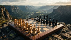 懸崖上的棋盤，俯瞰日落時的峽谷 — 國際象棋 壁紙