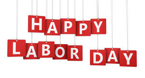 紅色懸掛標誌用粗體白色字母拼出 happy labor day。