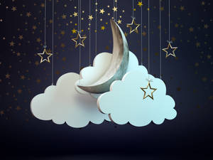 懸掛的月亮和雲朵，星星垂掛在黑暗的夜空中。