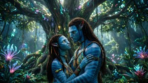 兩個藍皮膚的納美人戀人在發光的外星叢林中擁抱。 — 頭像動圖 壁紙