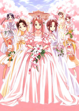 櫻花下的動漫婚禮，背後有傳統建築。 — Oppo Pad 6 壁紙