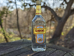 在樹林地區的木桌上放著一瓶 Gordon's 氈酒。