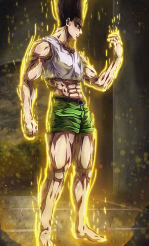 動漫男性角色閃耀著金色能量火花，擺出強而有力的姿態。