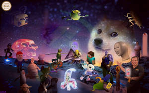 一個混亂的宇宙場景，充滿了互聯網迷因和流行文化角色。