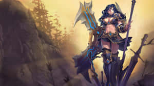 奇幻女戰士，手持藍色發光斧頭和長矛，在山地地形中。
