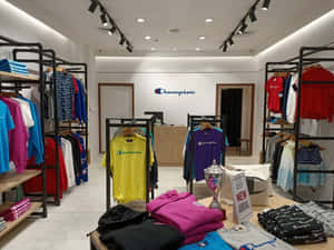 Champion服裝店，展示著色彩繽紛的衣架和獎盃。 — 冠軍 壁紙