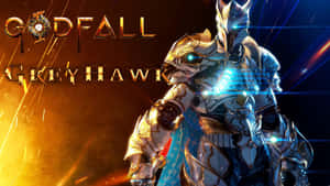 來自Godfall遊戲的裝甲戰士，擁有發光的藍色眼睛和金色盔甲。 — 神之隕落 壁紙