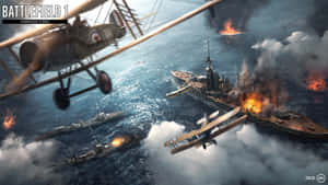 戰機在暴風雨的海上飛過燃燒的軍艦，進行海戰。