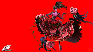 動漫角色穿著紅色連衣裙，帶有心形圖案，背景為紅色。