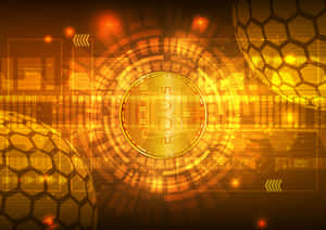 金色比特幣被發光的數碼電路和六邊形圖案包圍。