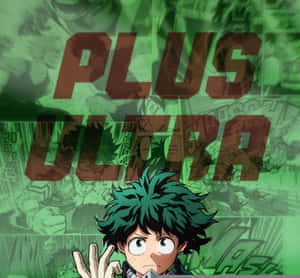 綠色頭髮的動漫英雄在漫畫背景前做出和平手勢，背景上有「PLUS ULTRA」文字。