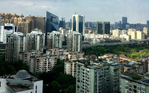 多雲天空下，高樓大廈與綠植密集的城市景觀。