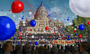 國會大廈與舉著「We The People」橫幅和愛國氣球的人群。