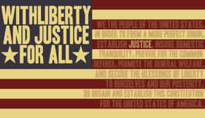 帶有疊加憲法文字和「with liberty and justice for all」標語的美國國旗。