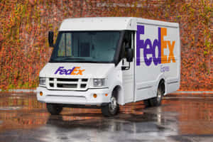 白色FedEx送貨車停在潮濕路面上的秋葉前。