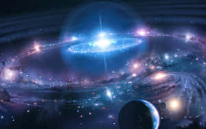 在星空背景下，發光的星系和行星組成的鮮豔宇宙場景。