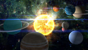 一顆光芒四射的太陽，在繁星點點的宇宙場景中被多樣的行星環繞。