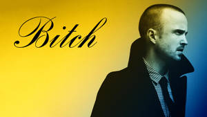 深色外套男人，漸變背景上寫有「Bitch」文字