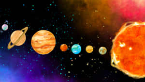 太陽系行星在色彩繽紛的星雲中繞著發光的太陽運行。