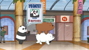 《We Bare Bears》中的熊貓在購物中心騎著北極熊，檢查顯示零配對的約會應用程式。