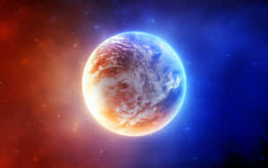 一顆充滿活力的行星，帶有雲層和海洋，映襯著色彩繽紛的星空背景。
