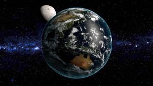 地球和月亮在太空中，背後有星星和發光的星系。