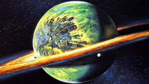 一顆綠色行星，帶有破碎的結構和發光的環系統，在深空中。 — 星際寶貝 壁紙