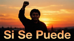 男子在日落背景下舉起拳頭，帶有「Si Se Puede」字樣