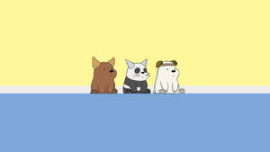 三隻卡通動物並排坐在藍色地板上，背景是黃色牆壁。