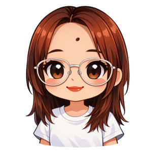 一個微笑的卡通女孩，棕色頭髮和圓眼鏡，穿著白色T恤。 — 卡通 壁紙