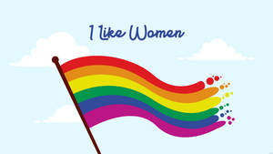 一面帶有「I Like Women」文字的彩虹旗在藍天白雲中飄揚。