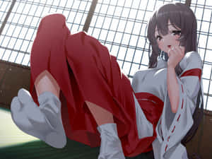 穿著紅白和服的動漫女孩，在室內靠近障子窗的地方放鬆。