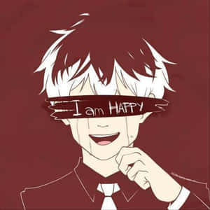 動畫角色，白髮，紅色眼罩，微笑，眼睛上方有文字「I am HAPPY」。