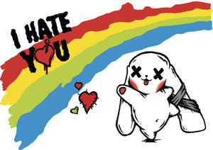 卡通兔仔有X眼睛同伸出脷喺彩虹下面，有『I HATE YOU』文字同紅色心心。