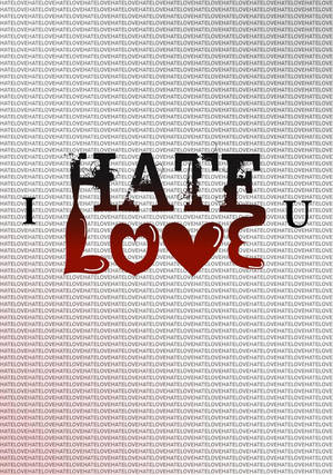 圖形文字寫著 I HATE LOVE U，心形符號置於重複的 hate love 圖案上。