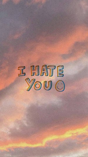 文字寫著「I HATE YOU」並帶有笑臉，背景是色彩繽紛的日落天空。