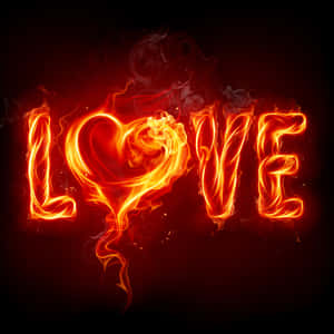 由熾熱的橙色和紅色火焰形成的「LOVE」字樣，煙霧裊裊升起。
