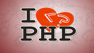 粉紅色華麗背景上的紅色心形標誌I love PHP文字