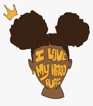 插圖頭部，有爆炸頭髮髻和文字 I LOVE MY AFRO PUFFS，附皇冠。