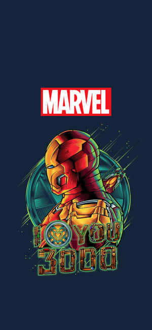 鐵甲奇俠身穿發光盔甲，帶有Marvel標誌和「I YOU 3000」文字。 — Pixel 11 Pro XL 壁紙