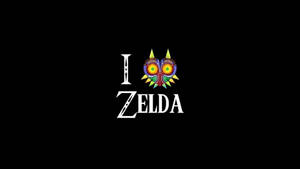 黑色背景上的白色文字「I ZELDA」和穆修拉面具圖示