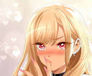 金髮紅眼動漫少女害羞地臉紅，帶有粉紅色閃粉指甲。