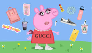 Peppa Pig 穿著 Gucci 連衣裙，在草地上被時尚物品包圍。