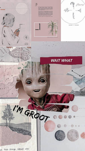 一幅粉彩拼貼畫，包含 Groot、文字疊加和植物插圖。 — 美學拼貼 壁紙