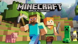 Minecraft角色Steve、Alex和苦力怕在一個有豬和火把的像素化世界中。